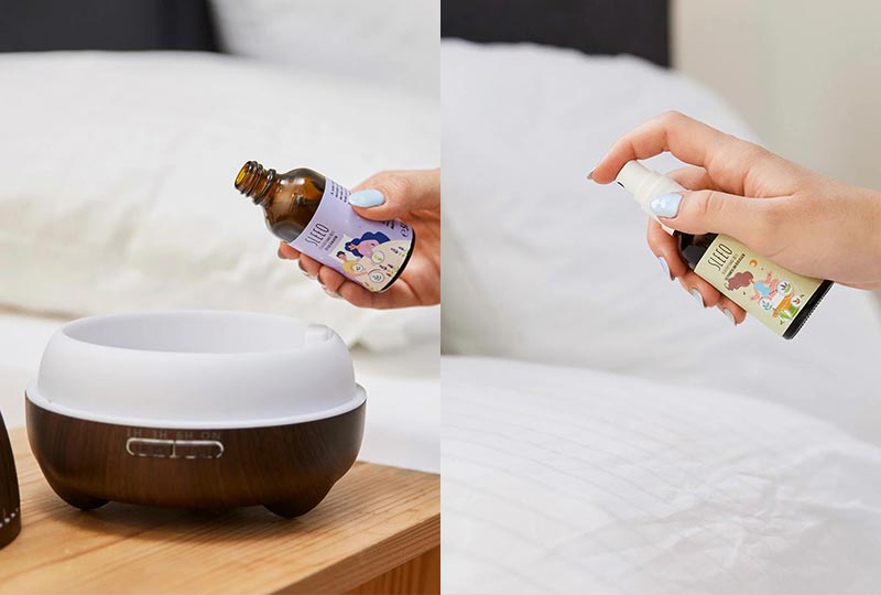 Abbildung wie der SLEEO Duft in einen Aroma-Diffusor geleert wird und daneben wie er auf das Bett gesprüht wird